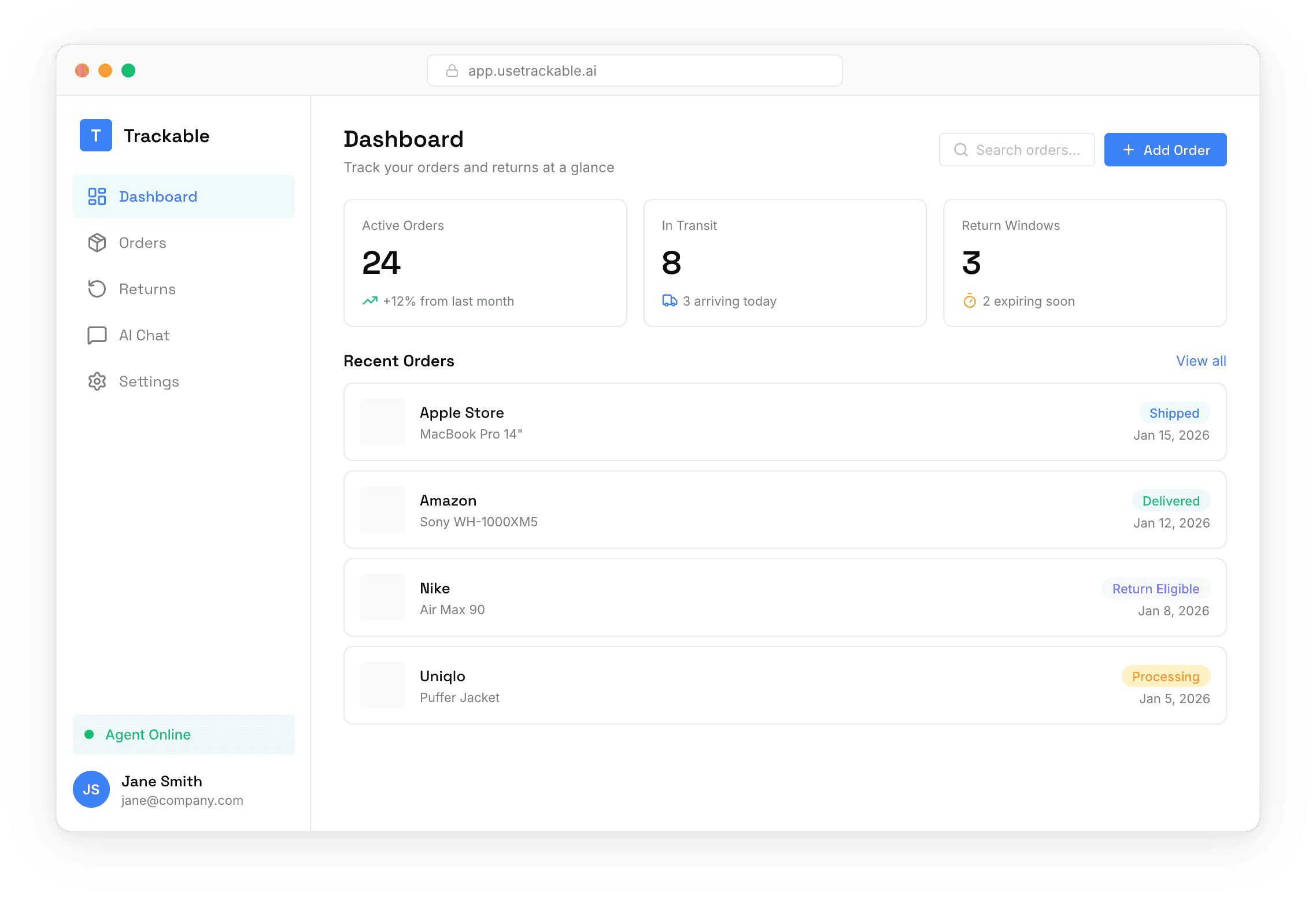 Trackable Dashboard showing return tracking and order management